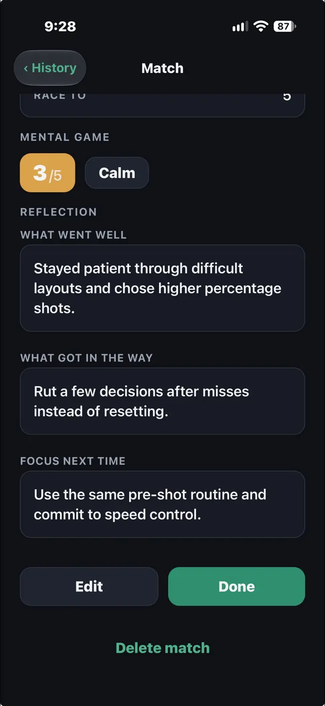 Reflection screen with three short entries: what went well, what got in the way, and focus next time.