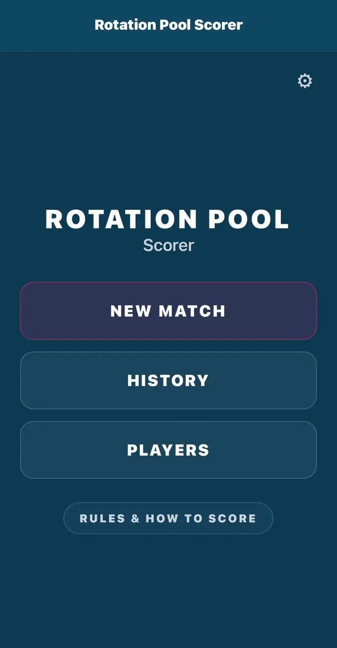 Rotation Pool Scorer home screen with New Match, History, and Players buttons.