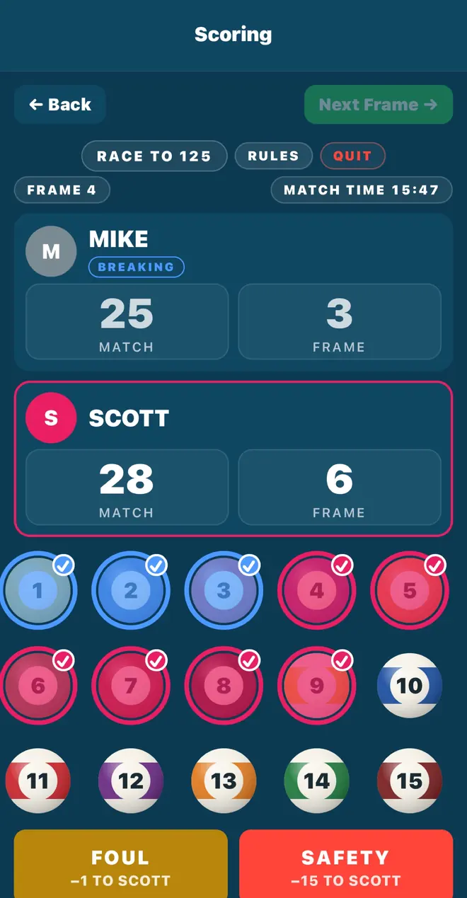 Rotation Pool Scorer mid-match screen showing Mike at 25 and Scott at 28, all fifteen balls with the pocketed ones checked off, and foul and safety buttons.